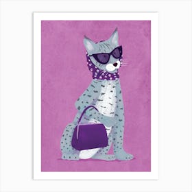 Cool Lynx with Sunglasses and Handbag Fashionable Purple Art Print