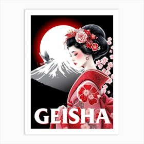 Geisha With Flowers By A Bird - Neon Glow Art Print