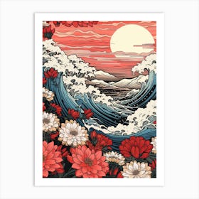 Great Wave With Cosmos Flower Drawing In The Style Of Ukiyo E 1 Art Print