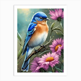 Bluebird Perched On Flower Art Print