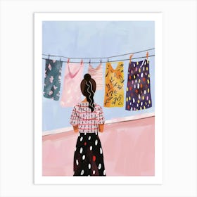 Illustration Of A Woman Hanging Clothes 1 Art Print