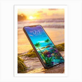 Smartphone Resting On Sandy Shores Morphing Into A Colorful Tropical Aquatic Creature Underwater Art Print