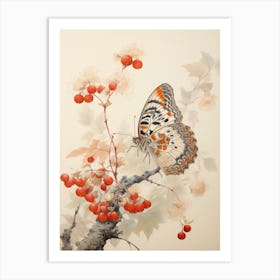 Butterfly With Cranberries Japanese Style Painting Art Print