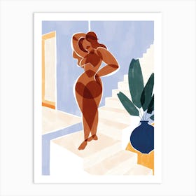 Illustration Of A Woman On Stairs Art Print