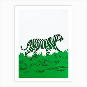 A Royal Bengal Tiger Confidently Emerges From Meticulously Cut Monochromatic Green Grass Against A S Art Print