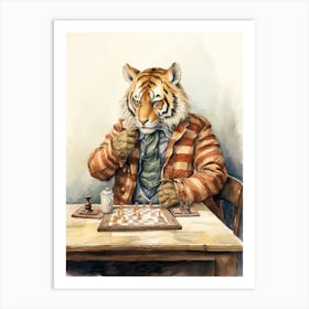 Tiger Illustration Playing Chess Watercolour 3 Art Print
