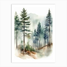 Appalachian Mountains of Misty Pines Watercolor Print of Evergreen Forest..134 Art Print