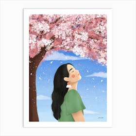 Serene Woman Standing Under Sakura Tree With Eyes Closed Art Print