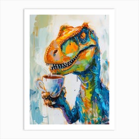 Dinosaur Drinking Coffee Blue Orange Brushstroke 3 Art Print