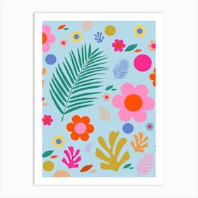 Flowers And Leaves | 03 - Pink And Blue Floral Art Print