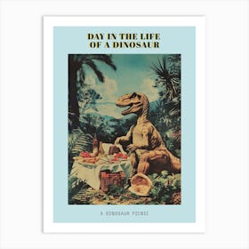 Dinosaur Having A Picnic Retro Collage 4 Poster Art Print