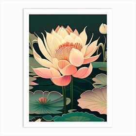 Blooming Lotus Flower In Lake Retro Illustration 1 Art Print