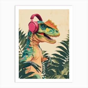 Retro Collage Dinosaur Listening To Music With Headphones 3 Art Print