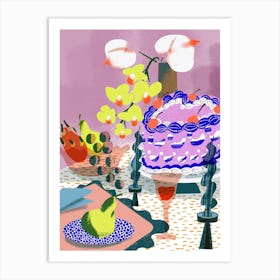 Heart Cake And Orchid Flowers Dining Table Food Still Life Art Print