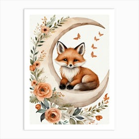 Floral Cute Fox Watercolor Moon Paining (10) Art Print
