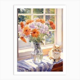 Cat With Daises Flowers Watercolor Mothers Day Valentines 2 Art Print