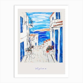 Mykonos Greece Mediterranean Blue Drawing Poster Art Print