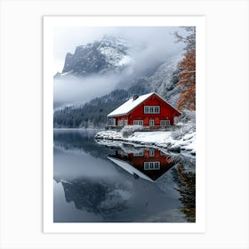 Red House By The Lake Art Print