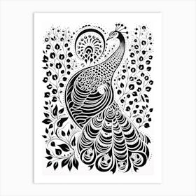 B&W Bird Linocut Peacock 1 Art Print