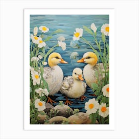 Duck & Duckling In The Flowers Japanese Woodblock Style 4 Art Print