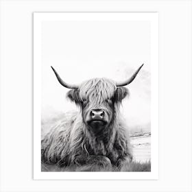 Highland Cow Sat In The Grass Black & White Stippling Art Print