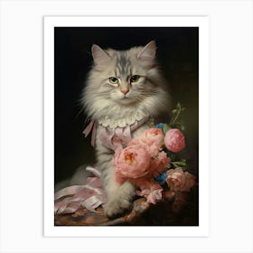 Cat With Flowers & Ribbon Rococo Style Art Print