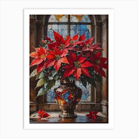 Crimson Glow Beneath Stained Glass: Poinsettia Still Live Art Print