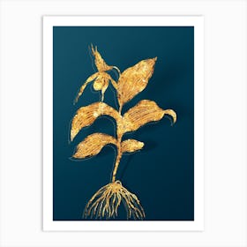 Vintage Yellow Lady's Slipper Orchid Botanical in Gold on Teal Blue n.0014 Art Print