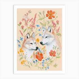 Folksy Floral Animal Drawing Wolf Art Print