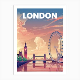 Anime Canvas Art: Iconic London Skyline with Big Ben, Tower Bridge, and the London Eye at Sunset, Perfect for Lofi Aesthetic and Urban Art Lovers. Art Print