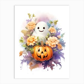 Cute Ghost With Pumpkins Halloween Watercolour 76 Art Print