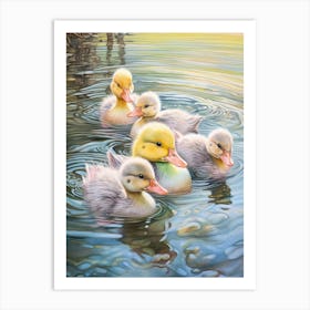 Ducklings Swimming In The River Pencil Illustration 2 Art Print