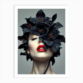 Woman with Black flowers in her head Art Print