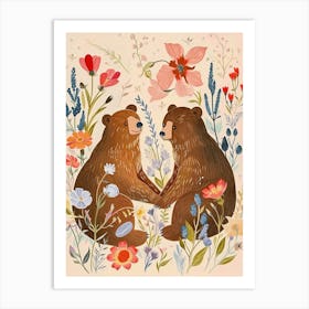 Folksy Floral Animal Drawing Brown Bear 4 Art Print