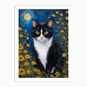 Klimt Style Tuxedo Black Cat in Garden Flowers Meadow Gold Leaf on a Full Moon Painting - Gustav Klimt and Monet Waterlillies Inspired Textured Wall Decor - Super Vibrant HD High Resolution Art Print