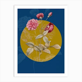 Vintage Botanical Vintage Blooming China Rose on Circle Yellow on Blue Art Print