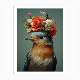 Bird With A Flower Crown European Robin 1 Art Print