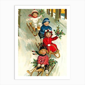 Kids Is Sledding Down A Hill Art Print