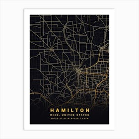 Hamilton Ohio USA Black And Gold Map Art Print