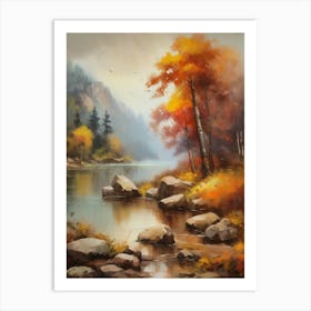 Autumn Lake,Forest Lake, Vintage Oil Painting, Farmhouse Wall Decorations, Antique Landscape, Vintage Landscape Oil Painting.5 5 Art Print