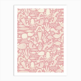 Underwater Mermaids and Sea Life Block Print White on Light Pink Kids Art Print