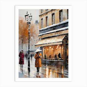 Paris cafes, winter season, Christmas, autumn oil colors, pale colors, pedestrians in the street, winter clothes, falling snow.3 1 Art Print