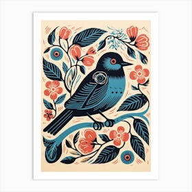 Vintage Bird Linocut Bluebird 1 Art Print