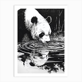 Giant Panda Drinking From A Tranquil Lake Ink Illustration 1 Art Print
