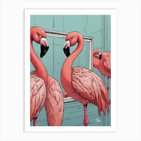 Flamingos In Mirror Art Print