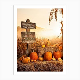 Autumn Harvest Celebration Pumpkins And Gourds Of Various Sizes Nestled In A Straw Bale Mound Flan (3) Art Print