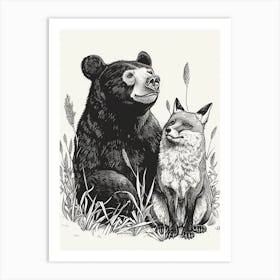 Malayan Sun Bear And A Fox Ink Illustration 1 Art Print