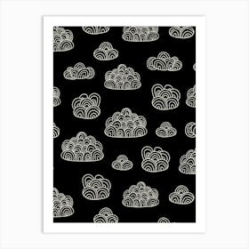 Fluffy Abstract Doodle Line Art Clouds White on Black Art Print