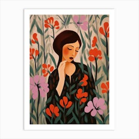 Woman With Autumnal Flowers Bleeding Heart Dicentra Art Print