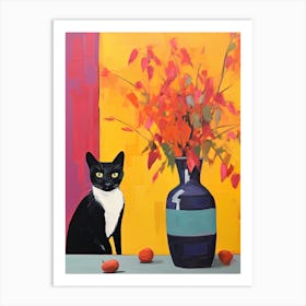 Sweet Pea Flower Vase And A Cat, A Painting In The Style Of Matisse 0 Art Print